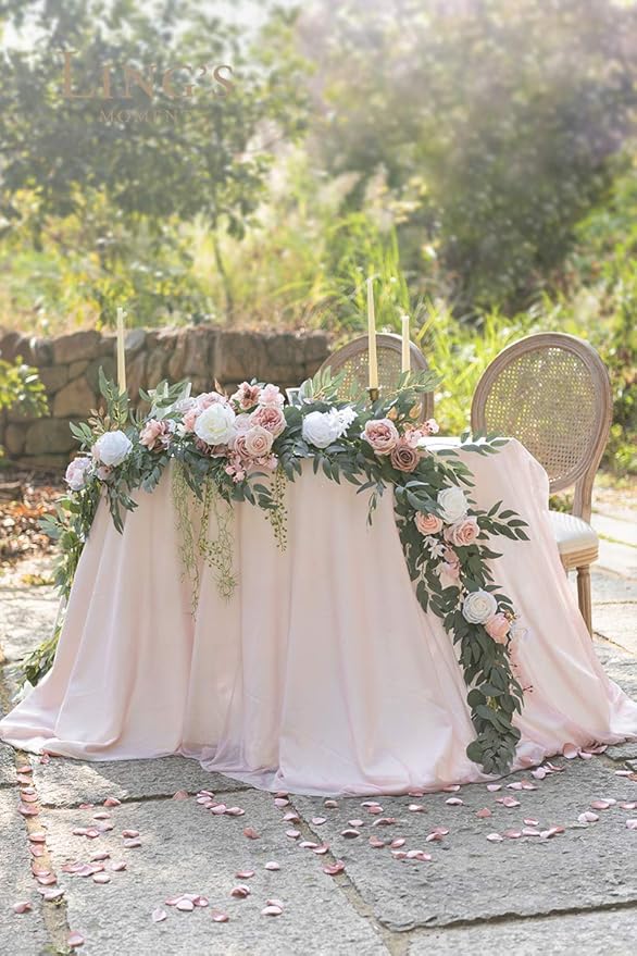 Ling's Moment 9FT Spring Flower Garland for Backdrop Decorations - Wedding Arch Flowers, Eucalyptus & Rose, Artificial Floral Garland for Mantle - Sweetheart Table Decor for Reception, Dusty Rose