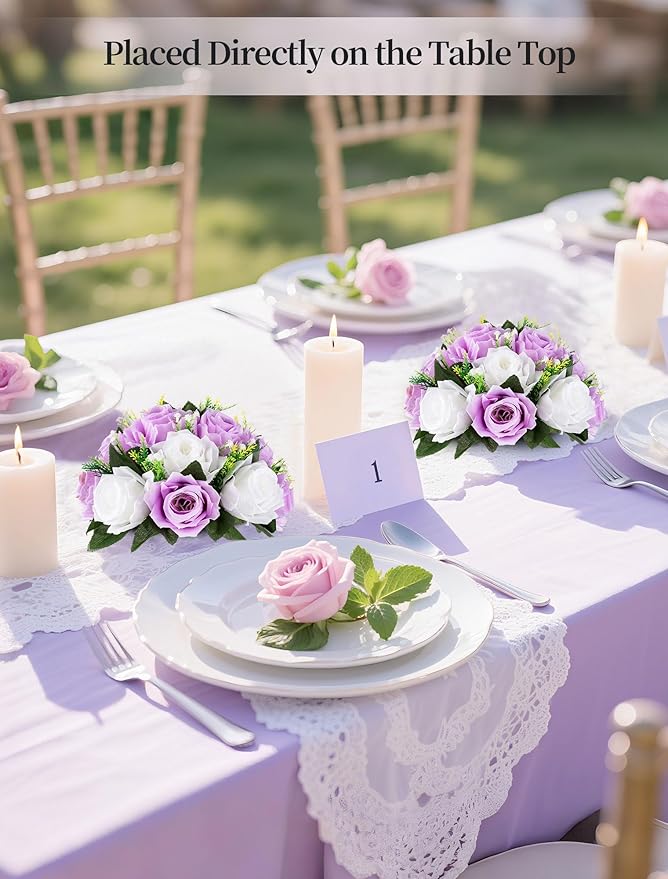 BLOSMON Lilac Flowers Balls for Centerpieces: 10 Pcs Purple White Fake Roses Flower for Wedding Table - Artificial Silk Kissing Bouquet Floral Arrangement Center for Home Party Event Decor