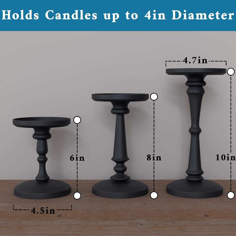 Candle Holders Set of 3 Matte Black, 6, 8,10" Tall Metal for Pillar Candles