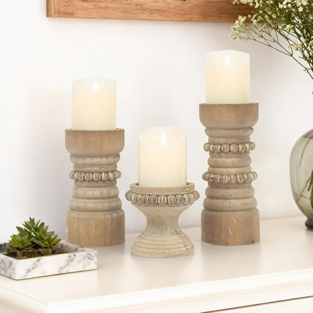 Rustic Natural Wood Candle Holders Set of 3, Farmhouse Beaded Wood Pillar Can...