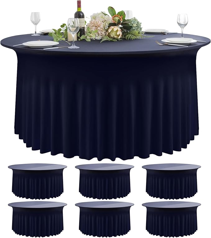 6 Pack Navy Blue Round Spandex Tablecloth 60 Inch, Wrinkle Free Stretch 120 Inch Fitted 5ft Navy Table Cloths Round Table Covers with Ruffle Skirt for Graduation Party Wedding Banquet