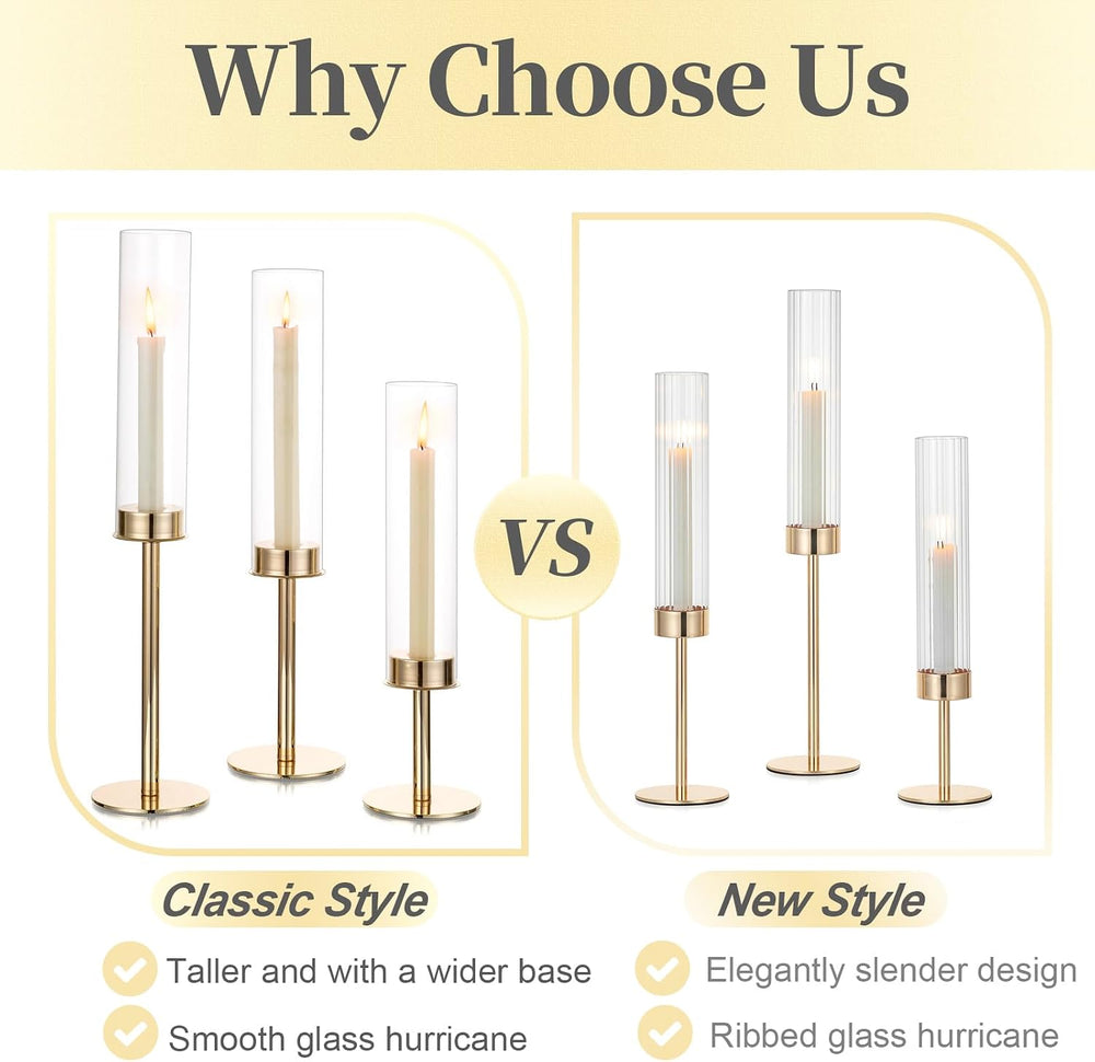 Hewory Gold Candlestick Holders: 6PCS Cylinder Glass Hurricane for Tapers