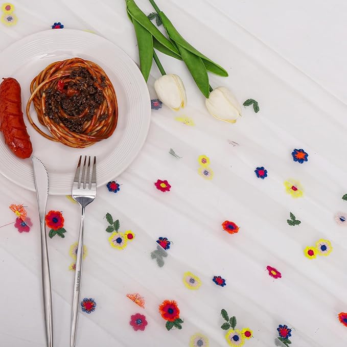 BINBE 6pcs Ivory Daisy Fall Table Runner Embroidery Gauze 10FT Florals Seasonal Tulle Holiday Birthday Kitchen Dining Table Decor for Home Party