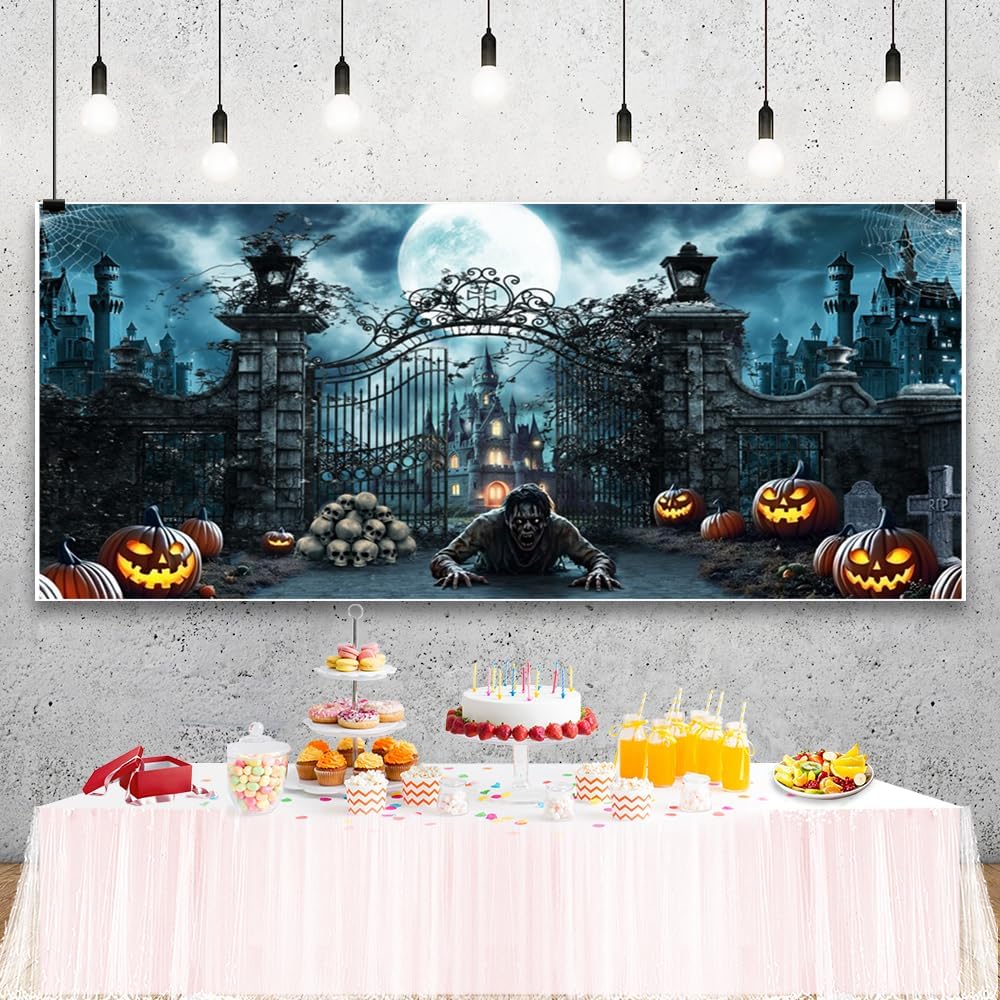 20x10ft Scary Halloween Night Eve Backdrop Horror Iron Gate Pumpkin Lantern C...
