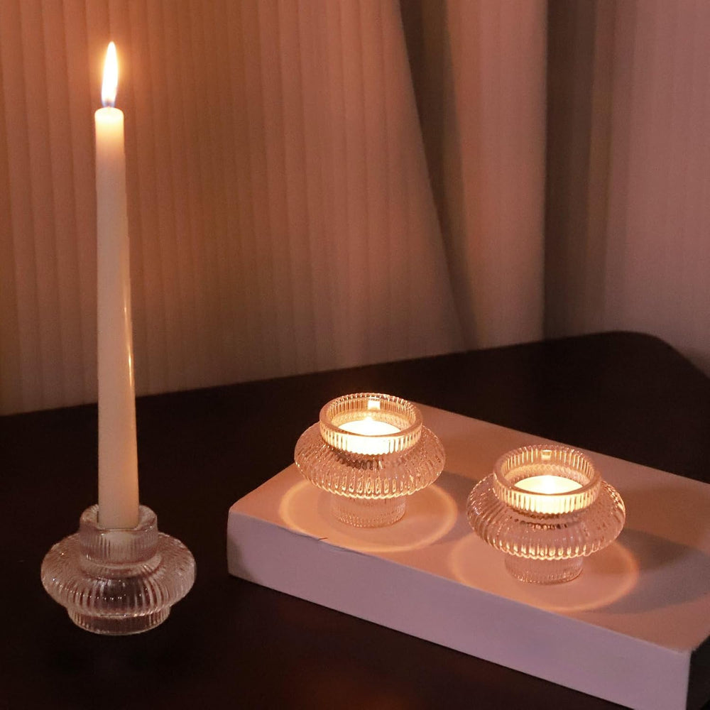 VOHO 12pcs Taper Candle Holders Ribbed Glass, Clear Candle Holder Stackable