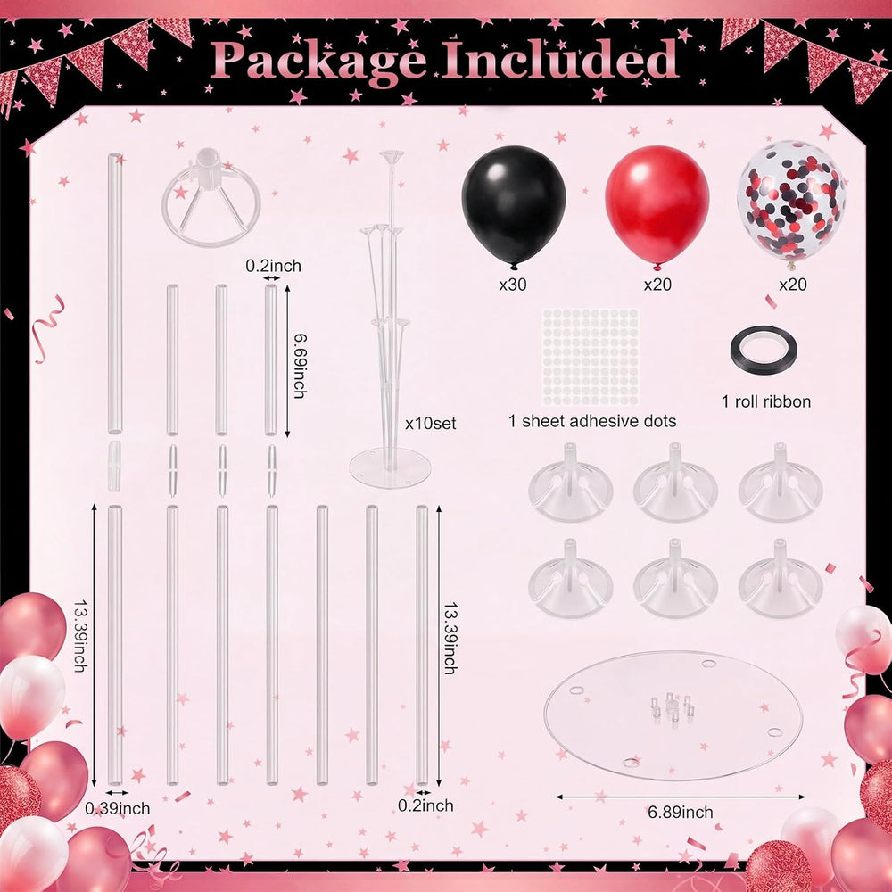 10 Set Balloon Stand Centerpieces with 70pcs Red Black Balloon