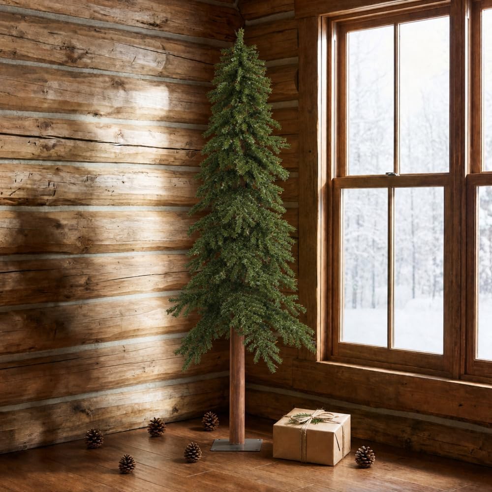Vickerman 6' Natural Alpine Unlit Christmas Tree - Traditional Deep Green - 657 PVC Tips - Flat Metal Stand - Seasonal Indoor Home Decor - Unlit Alpine Tree