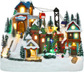 Christmas Village House 10.2 Inch Christmas Decorations Skiing Skating Cable Car Village People USB Holiday Music Town Indoor Lighted Houses for Room Tabletop Xmas Decor