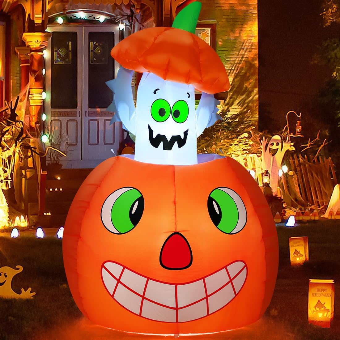 comin 5 ft halloween inflatables animated pumpkin ghost shown in use