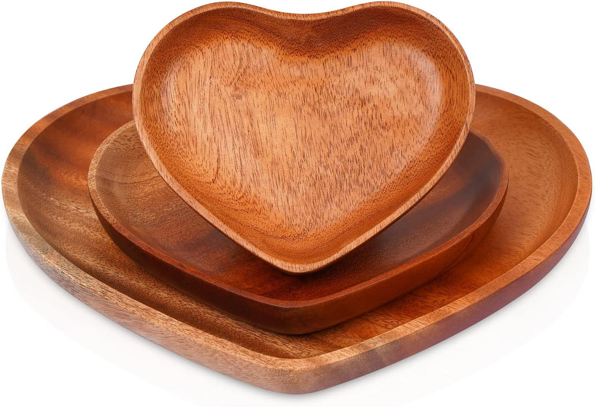 VieWood Heart Wooden Plates Set of 3 Unbreakable Classic Appetizer Plates, Easy Cleaning & Light weight for Dishes Snack, Dessert (Khaya, 4.1" & 6.3" & 8.7")