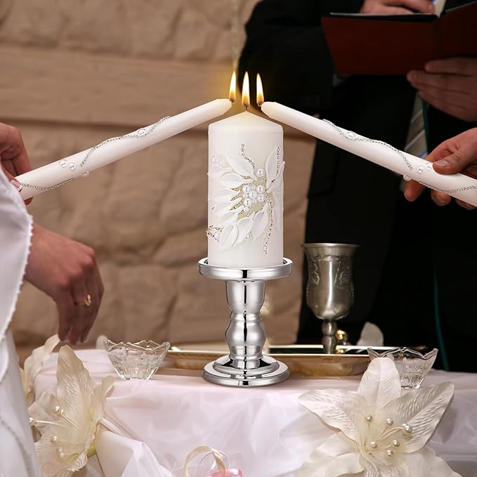 Irenare Unity Candles with Holder for Wedding Ceremony Wedding Decortions Accessories Glass Candle Holder Pillar Candle for Formal Events Church(Silver)