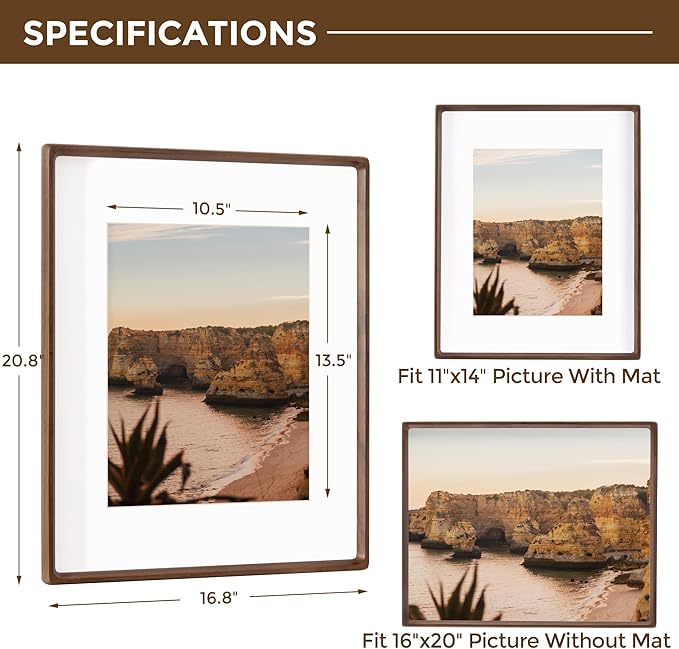 16x20 Frames USA-Sourced Natural Walnut Wood Solid Wood Picture Frame Handcrafted Rounded Corner with Mat to 11x14 Display with Real Glass Family Picture, Wedding Picture