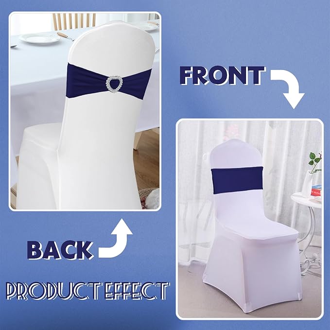 100PCS Spandex Stretch Navy Blue Chair Sashes Bows Universal Elastic Chair Cover Bands Ties with Buckle Slider for Wedding Party Ceremony Reception Event Banquet Decoration(Navy Blue)