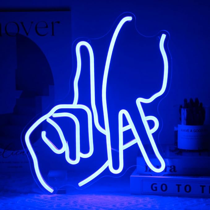 Los Angeles Gesture Neon Sign Baseball Team Neon Lights for Man Cave Decor Blue Letters Gesture LED Sign Fingers Neon Wall Sign LA Neon Signs for Wall Bedroom Garage Game Room Decor