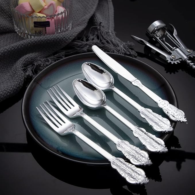 WDF 200 Pieces Silver Plastic Silverware Disposable - 50Guests Silverware Plastic Cutlery - Disposable Utensils Includes 100 Forks, 50 Spoons, 50 Knives Perfect for Christmas Wedding or Party