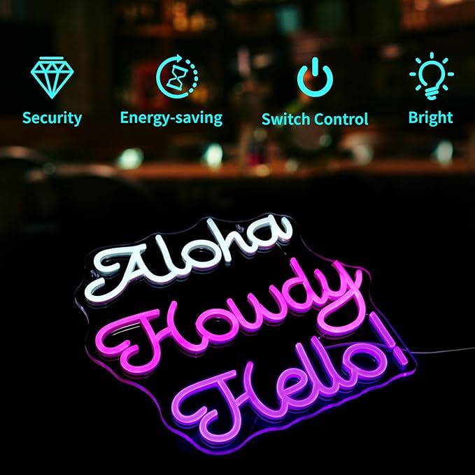 Aloha Howdy Hello Neon Signs for Wall Decor LED Neon Sign for Room Neon Light Sign for Wall Decor Birthday Party USB Powered