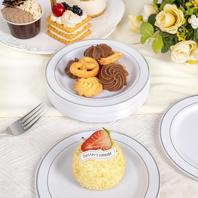 bUCLA 200PCS Silver Plastic Plates - 6.25inch White with Silver Trim Disposable Salad/Dessert/Appetizer/Small Cake Plates - Ideal for Wedding & Party