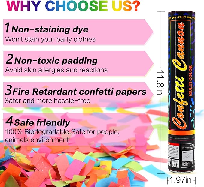 Confetti Cannon Multicolor 12 Pack Biodegradable Confetti Popper Party Confetti Shooters12 Inch Confetti Popper Cannons Confetti Poppers for Wedding,Birthday,Graduation, New Years Celebration