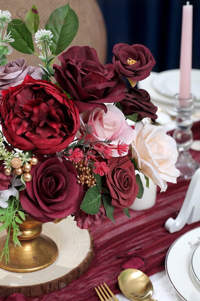 Burgundy Artificial Flowers Combo, Silk Rose Flowers for Wedding