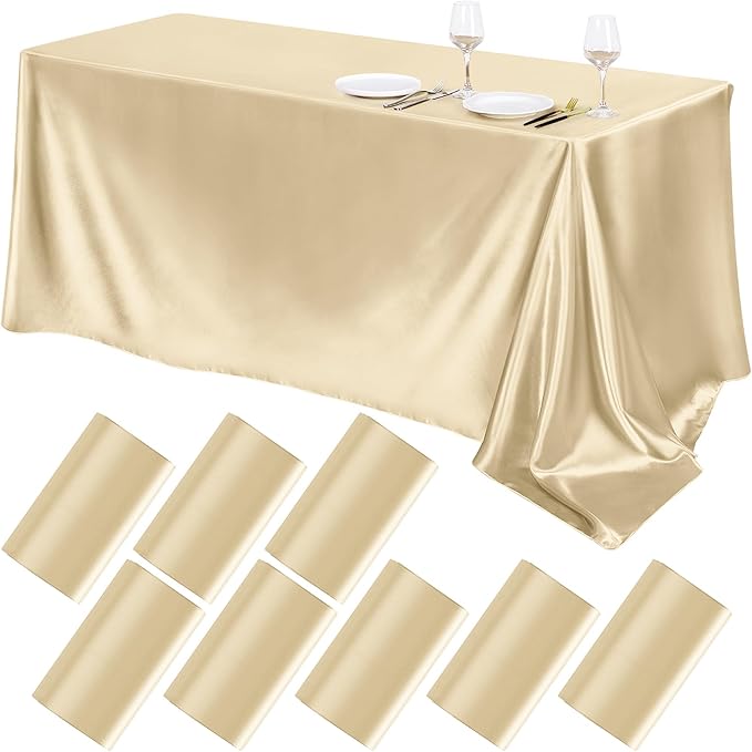 TURSTIN 8 Packs Champagne Satin Tablecloth 102 x 58 Inch Overlay Satin Table Cover Rectangle Bright Silk Tablecloth Smooth Fabric Table Decoration for Wedding Banquet Party Events