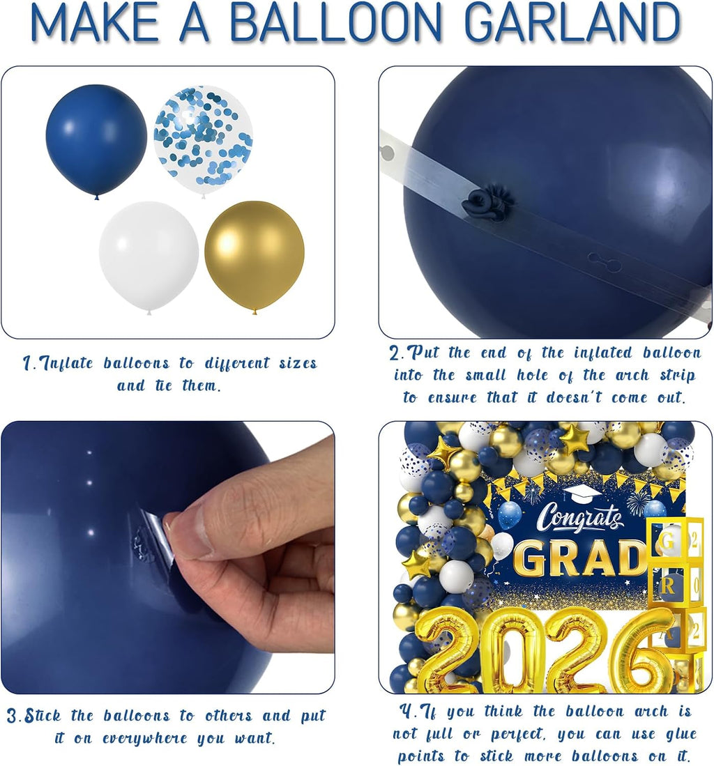 Navy Blue and Gold Graduation Balloons Garland Arch Kit with Backdrop GRAD Balloon Box and Number 2026 Balloons for Graduation Decorations Class of 2026 Grad Party Supplies