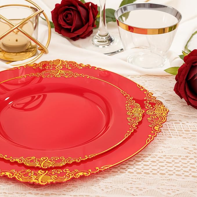 Nervure 350PCS Red Plastic Plates - Red Gold Plastic Dinnerware Sets for 50 Guests - 100 Gold Disposable Plates, 50 Pre Rolled Silverware Sets, 50 Cups Perfect for Wedding & Party & Christmas