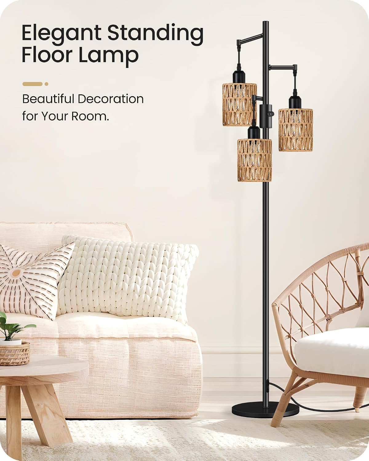 Dimmable Floor Lamp, Farmhouse Tall Standing 70.3" Tree Lamp with 3 Rope Woven Lampshades, Boho Rattan Floor Lights, 4W 3 LED Bulbs Included, for Living Room, Bedroom, Study, Office B03LD05