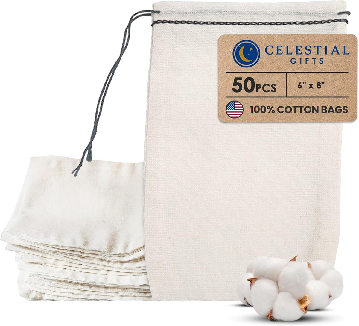Celestial Gifts Muslin Bags With Drawstring, 50 Pcs, 6x8, Made in USA