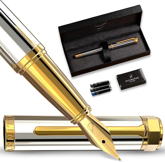 Ellington Pens Luxury Fountain Pen Set- Fountain Pens for Writing - Smooth Medium Nib - Includes Refillable Ink Converter, 3 Ink Cartridges [Black & Blue], Gift Box - Elegant Calligraphy