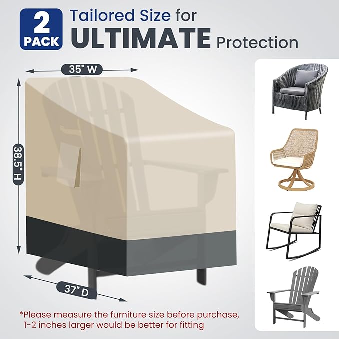 Extra Heavy Duty Patio Chair Covers Waterproof, 2 Pack Patio Furniture Covers for Outdoor Swivel/ Rocking Chair/ Adirondack Chairs, Outdoor Seat Cover with Air Vents, 35"W x 37"D x 38.5"H