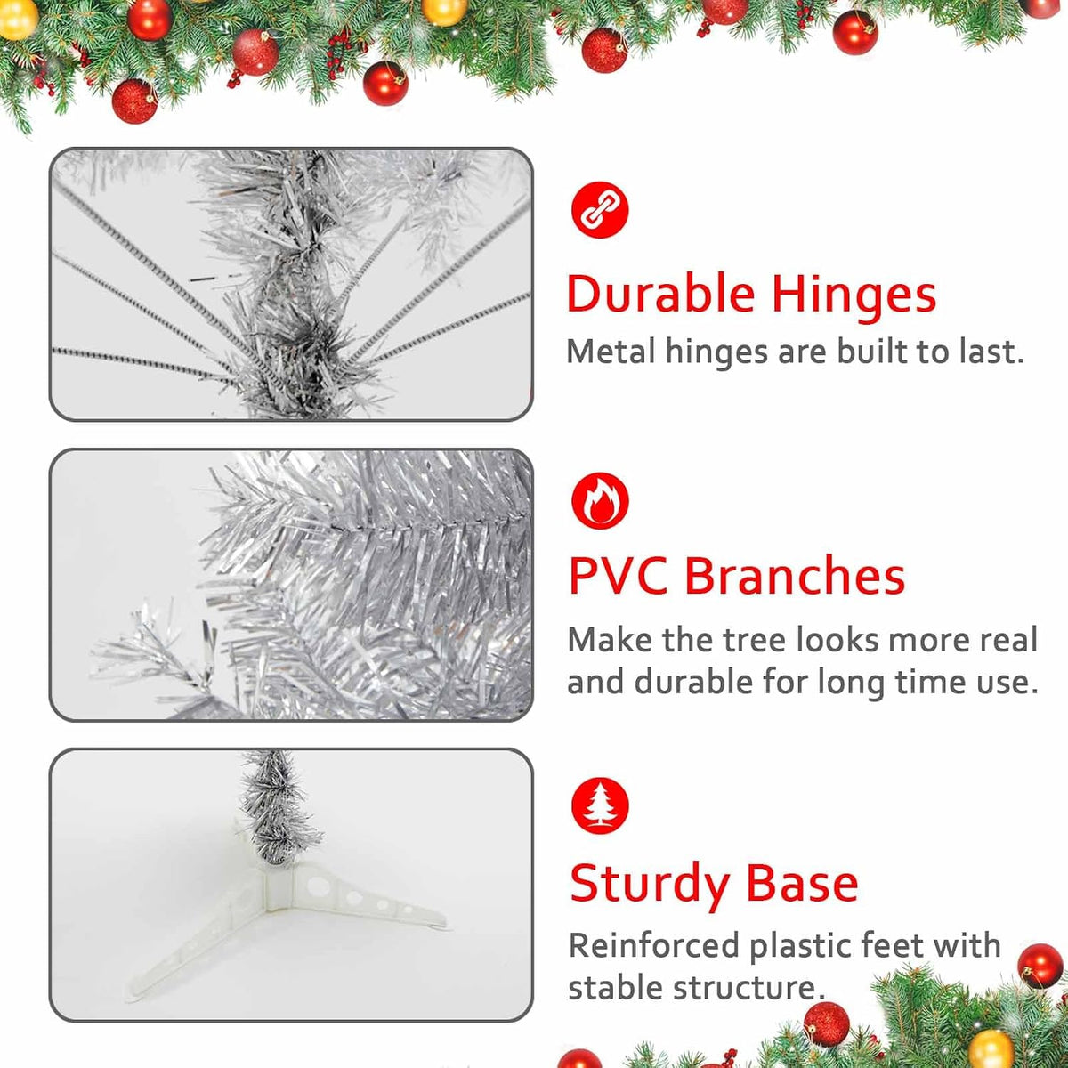 Silver Christmas Tree, 6ft Artificial Tinsel Christmas Tree for Home Decorations，550 Branch Tips Premium Hinged Holiday Xmas Tree for Halloween Decor