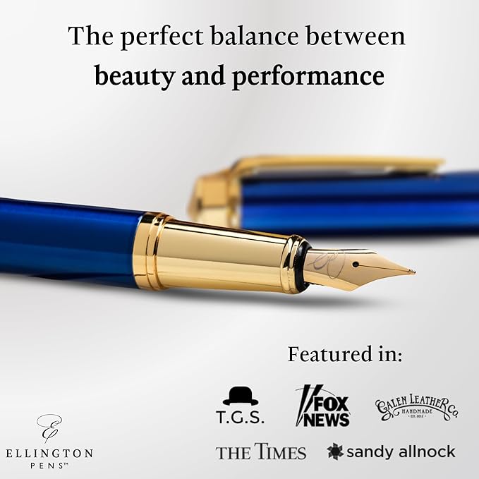Ellington Pens Luxury Fountain Pen Set- Fountain Pens for Writing - Smooth Medium Nib - Includes Refillable Ink Converter, 3 Ink Cartridges [Black & Blue], Gift Box - Elegant Calligraphy