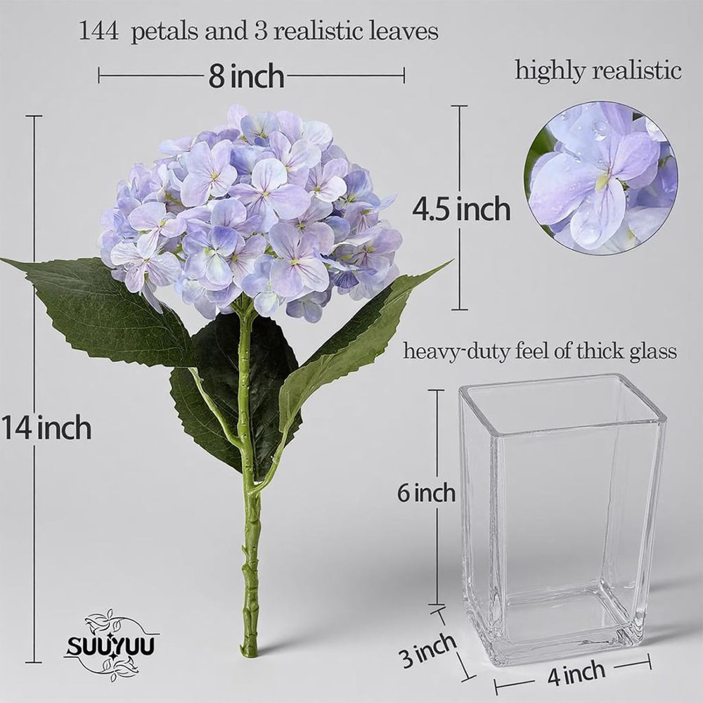 Hydrangea Artificial Flowers with Glass Vase, Real Touch Bouquet