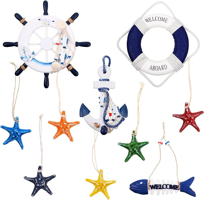 Marsui 11 Pcs Wooden Nautical Wall Decor Fishing Net Decorations, Include Decorative Fishing Net, Ship Wheel, Fish Skeleton, Life Ring, Anchor, Starfish Beach Decor for Mediterranean Party (Blue)