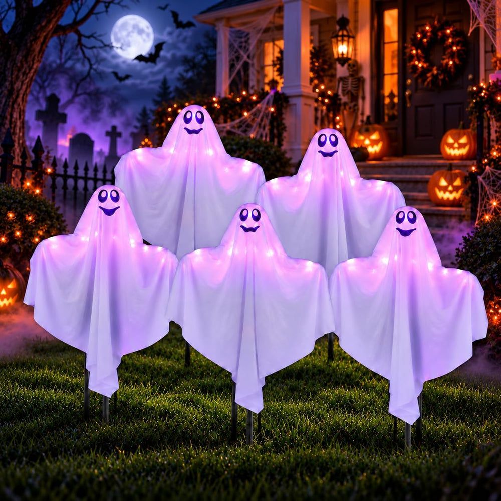 5 Pack Halloween Decorations Outdoor Lighted Ghost Stakes, Spooky Glowing Pur...