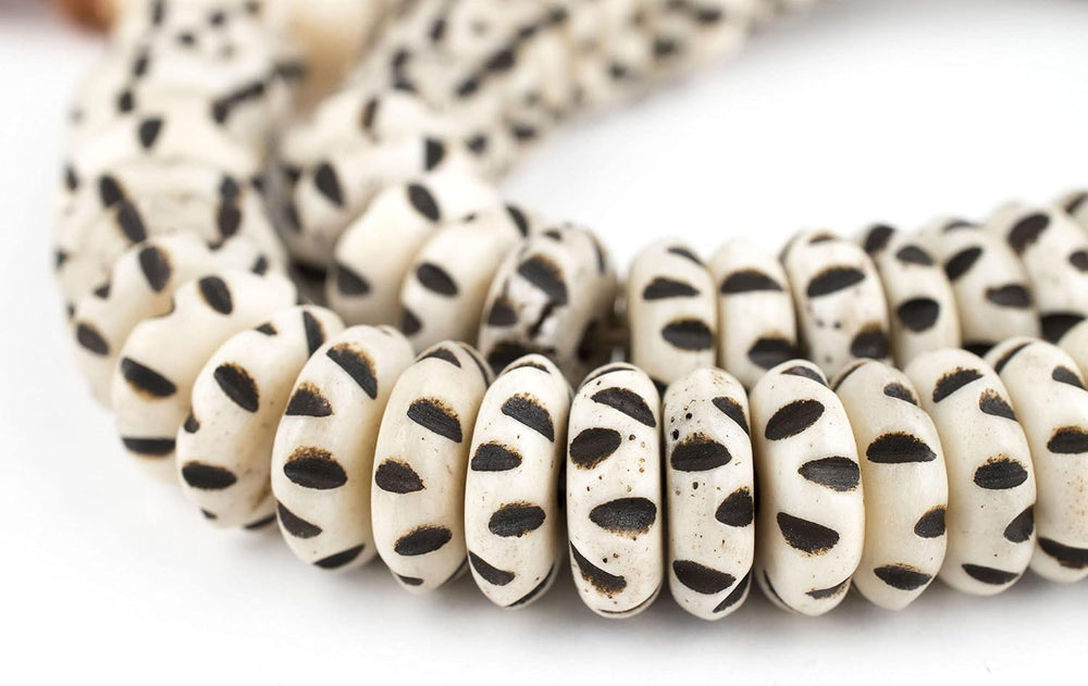 White Carved Disk Bone Mala Beads 13mm Nepal Large Hole 19 Inch Strand