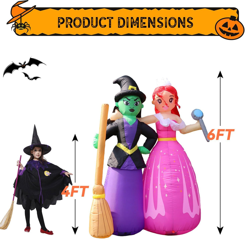 6ft halloween inflatable witch sisters with magic wand shown in use