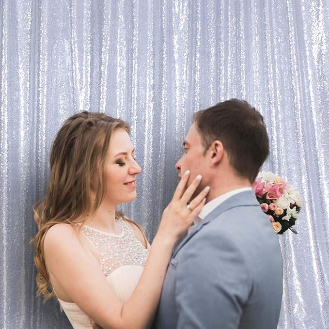 SquarePie Sequin Backdrop Opaque Non-Transparent Background Sparkly Curtain for Wedding Party 8FT x 8FT Silver