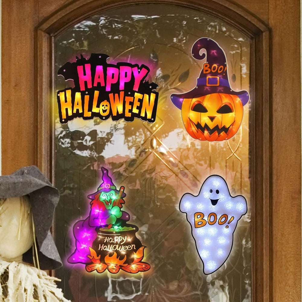 LAMPHOME 4 Pack LED Lighted Ghost,HappyHalloween Sign,Witch,Jack-O-Lantern Ha...
