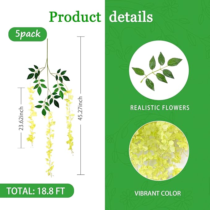 5 Pack Green Wisteria Hanging Flowers Garland, 3.77 Feet Artificial Flower Vines, Fake Wisteria, Artificial Vines Hanging Garland for Backdrop Outdoor Yard Garden Decor