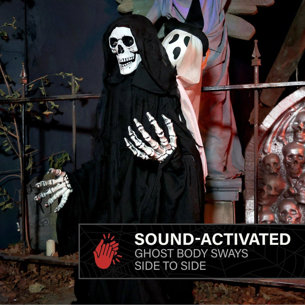 Haunted Hill Farm 3.9-Ft. Sitting Reaper w/Hide and Seek Ghost Animatronic