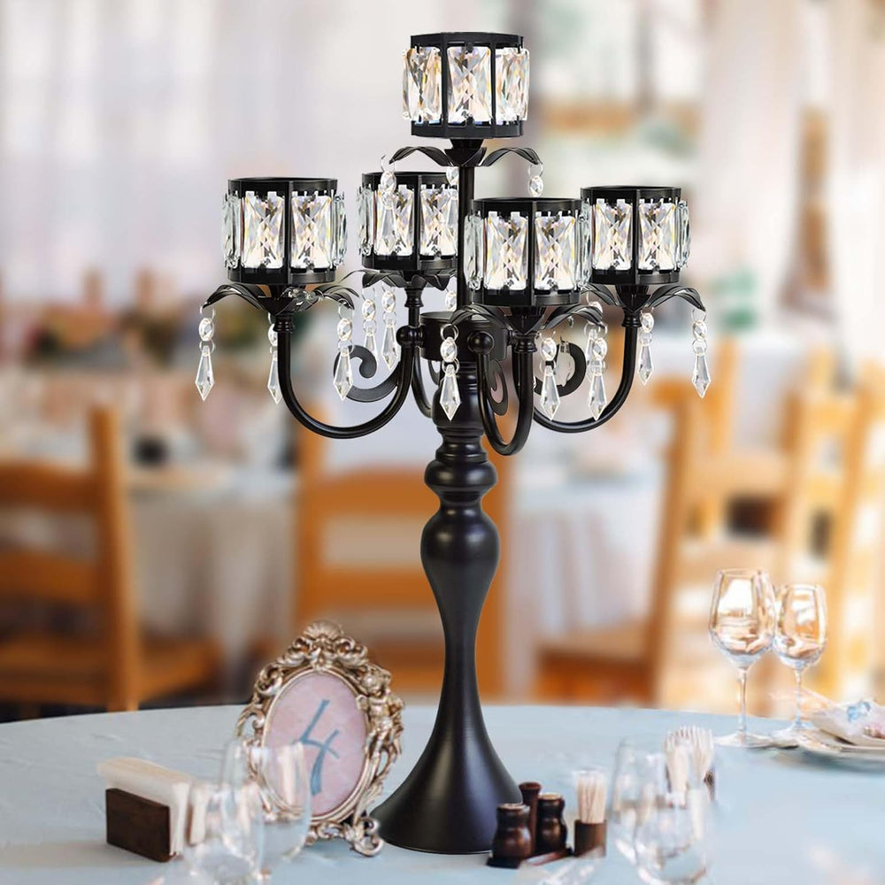 1PC Black 5-Arm Crystal Pendant Metal Candle Holder with Square Crystal Bowl,...