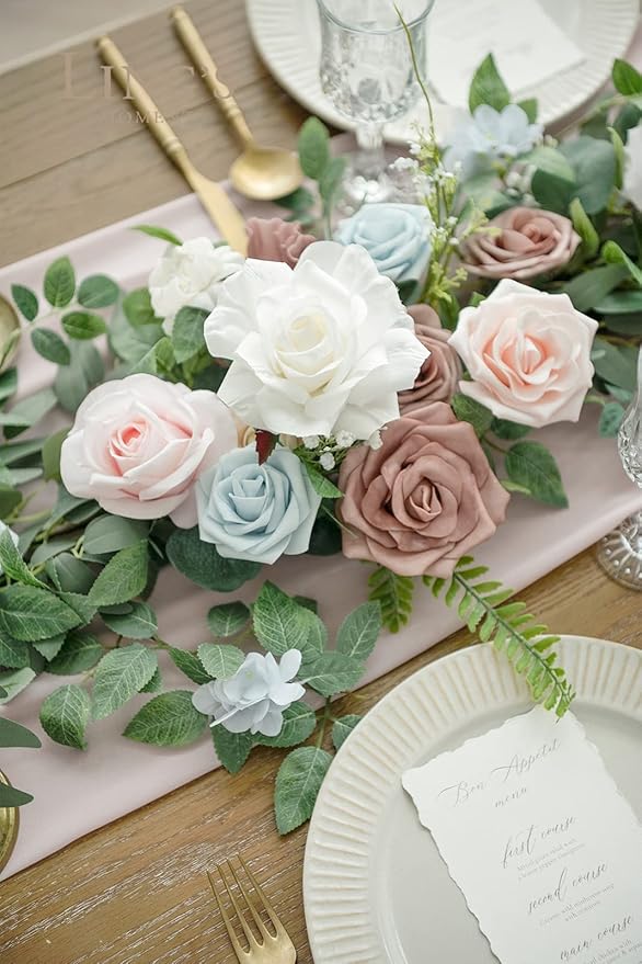 Ling's Moment Flower Garland - 6FT Eucalyptus & Rose - Sweetheart Table Decor for Wedding Reception, Artificial Floral Garland for Mantle, Thanksgiving, Christmas Decoration, Blush Powder Blue