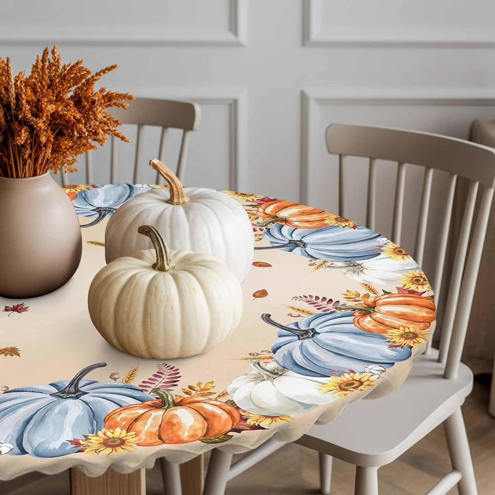 Fall Pumpkin Round Table Cloth Thanksgiving Fitted Tablecloth,Maple Leaves Ta...