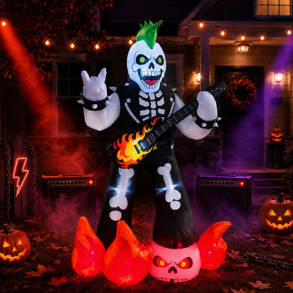 6.2FT Halloween Rock Music Skeleton Inflatable with LED Flame Guitar Decor