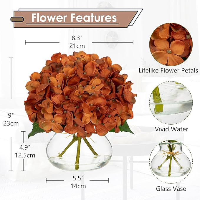 Hollyone Dark Orange Fall Hydrangea Artificial Flowers for Decoration with Glass Vase Silk Faux Flower Arrangements with Faux Water Fake Bouquet Table Centerpiece Vase with Flowers Autumn Home Decor