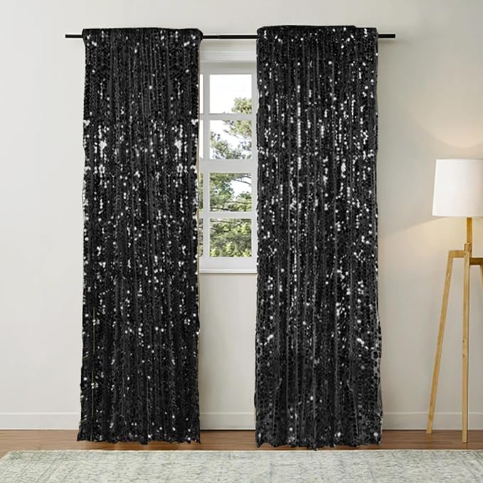 18MM Black Big Sequin Payatte Backdrop Curtains 4.5FTX9FT 2 Panels-Black Drapes Curtains for Thanksgiving Christmas Home Party Supplies