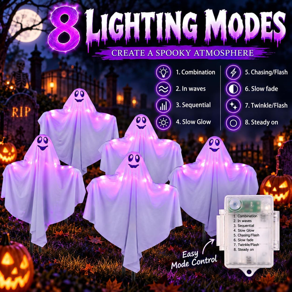 5 Pack Halloween Decorations Outdoor Lighted Ghost Stakes, Spooky Glowing Pur...