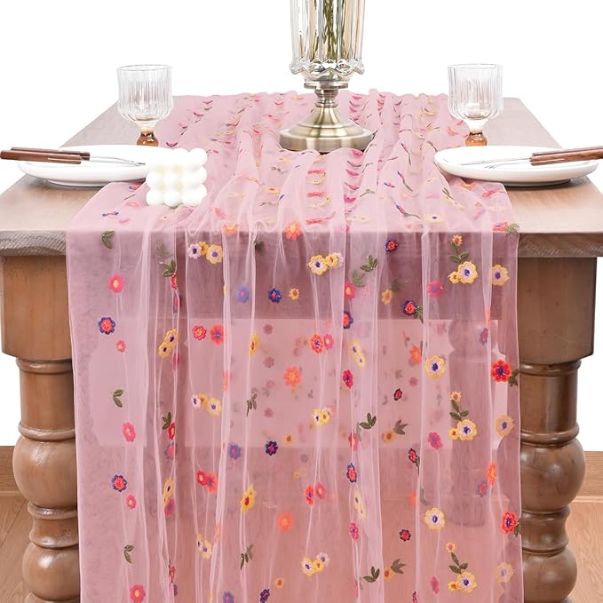 Joanlody 3pcs Blushing Pink Embroidery Daisy Fall Thanksgiving Table Runner Florals Seasonal Tulle Table Runner Holiday Kitchen Dining Table Decoration for Home Party Indoor