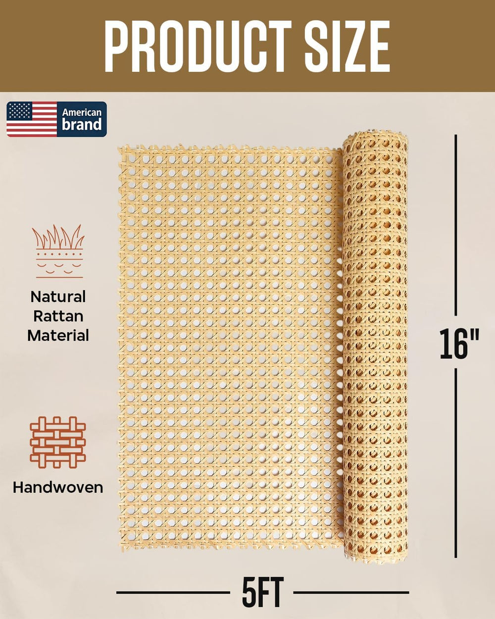 Glasaort 16" x 60" Width Natural Cane Webbing, Rattan Webbing Roll